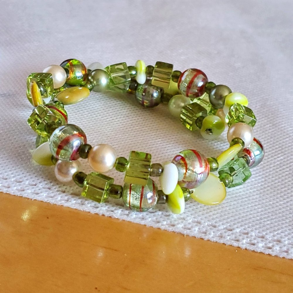 Green Glass Bead and Mother of Pearl Wrap Bracelet